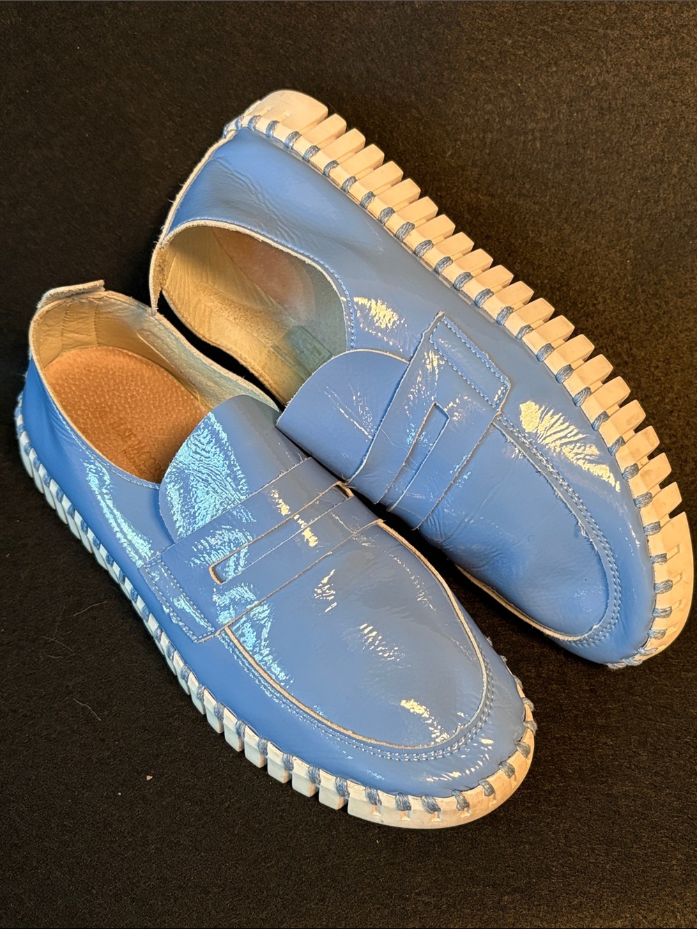 Isle Jacobsen Women Tulip Patent Leather Slip-On Modern Loafer in Light Blue Fun